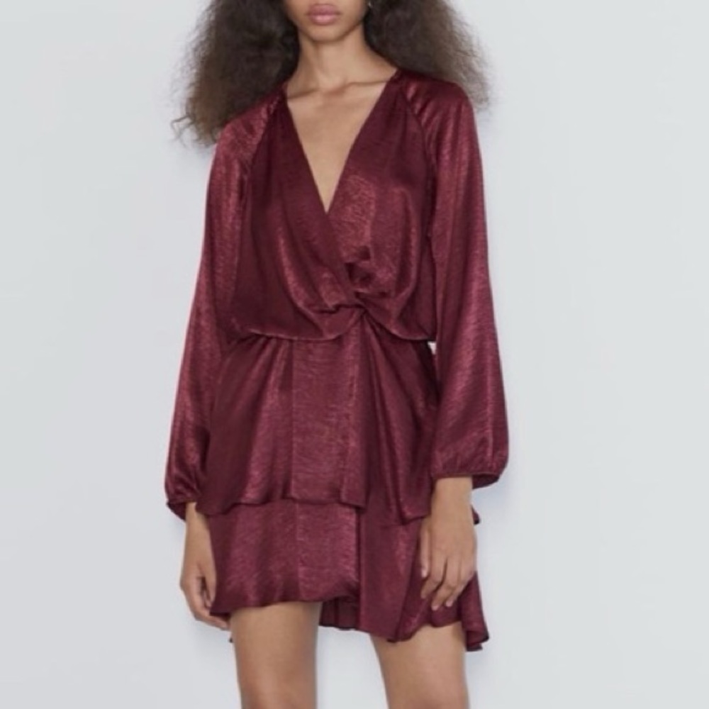 Zara Burgundy Red Satin Effect Tiered Ruffle Mini Twist Dress